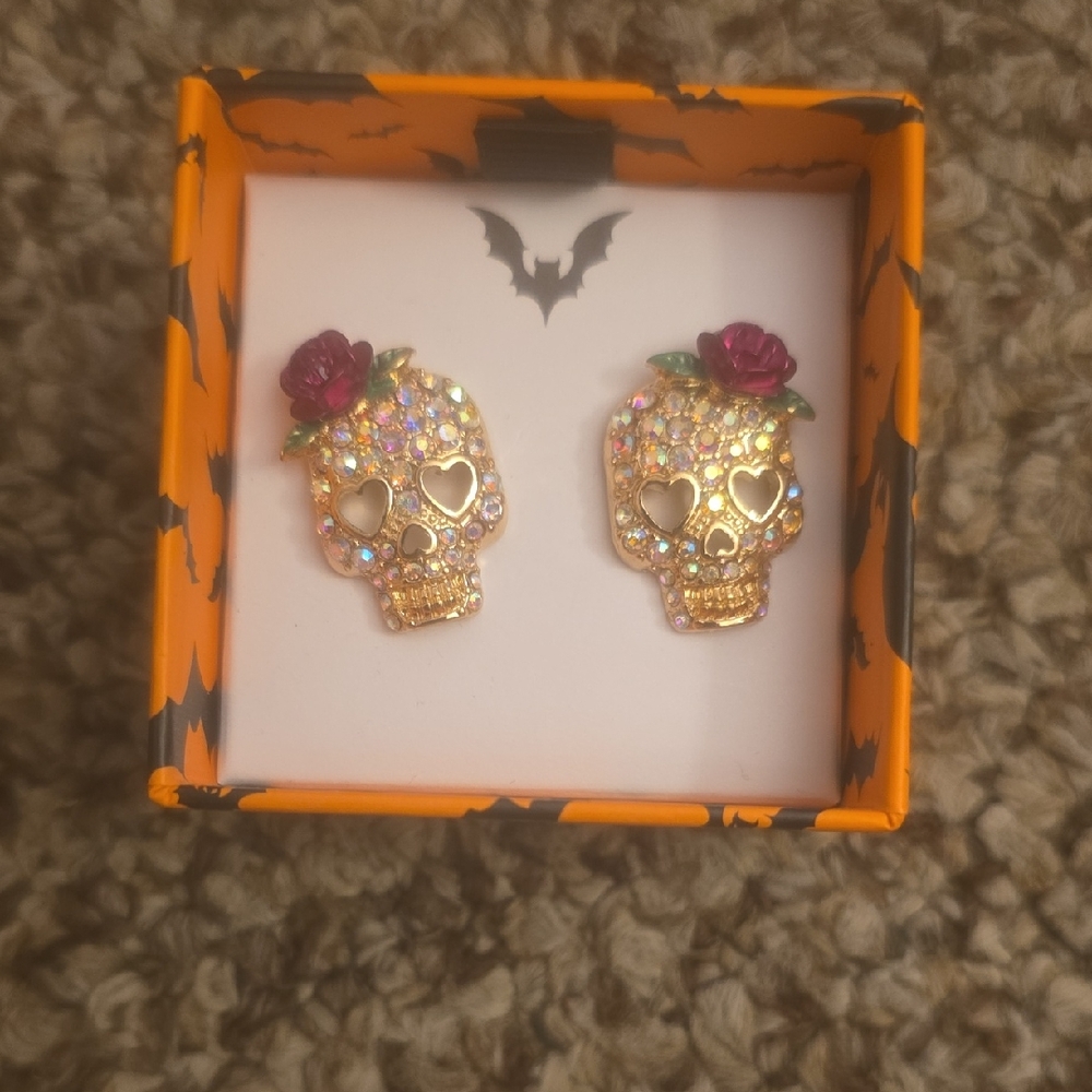 Gold Skull Earrings with Pink Accents